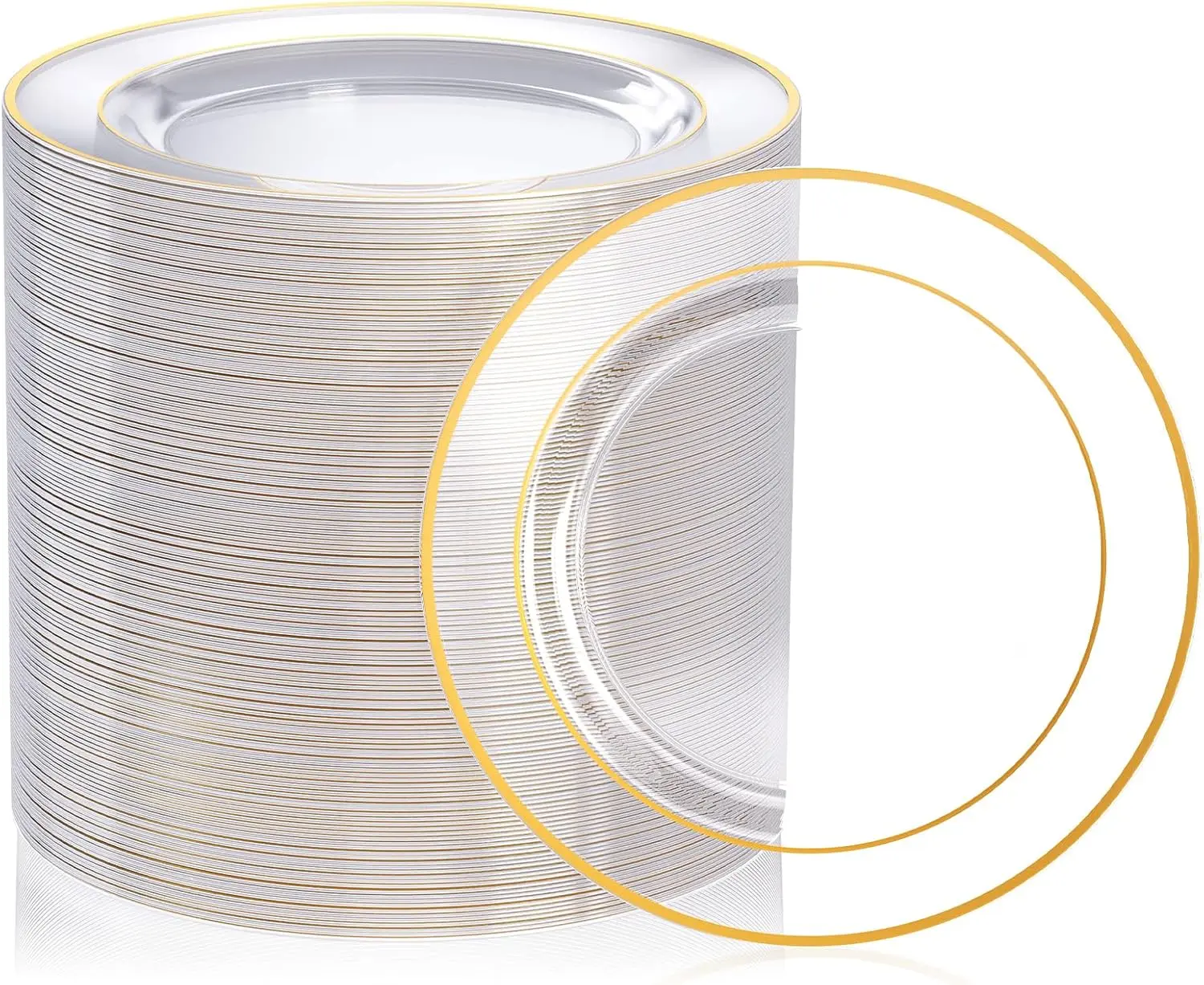 7 Inch Small Clear Gold Plastic Plates100 Count, Disposable Heavy Duty Clear Plates with Gold Rim, Premium Hard Plastic Plate Fancy Disposable Salad Plate for Wedding Parties