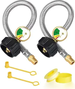 B BRAZIFY 2-Pack RV Propane Hoses with Gauge 1/4" NPT & QCC Type 1 for Camping, BBQ, and Outdoor Cooking