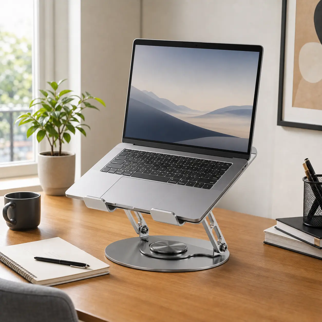 360° Rotating Laptop Stand with Adjustable Height, Foldable Aluminum Computer Riser for Desk, Ergonomic 2-in-1 Laptop and Phone Stand for Gaming Laptops, MacBook, Work From Home, Office, Study and Travel