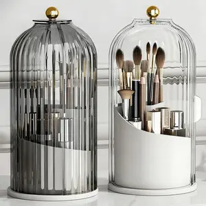 Dustproof Toothbrush Holder with Clear Sliding Door Lid, Rotating Electric Toothbrush and Toothpaste Holder for Bathroom Countertop, 3 Slots Transparent Make up Brushes Organizer for Vanity, Toothbrush Marker Pen Brushes Storage Basket, Beauty Essentials