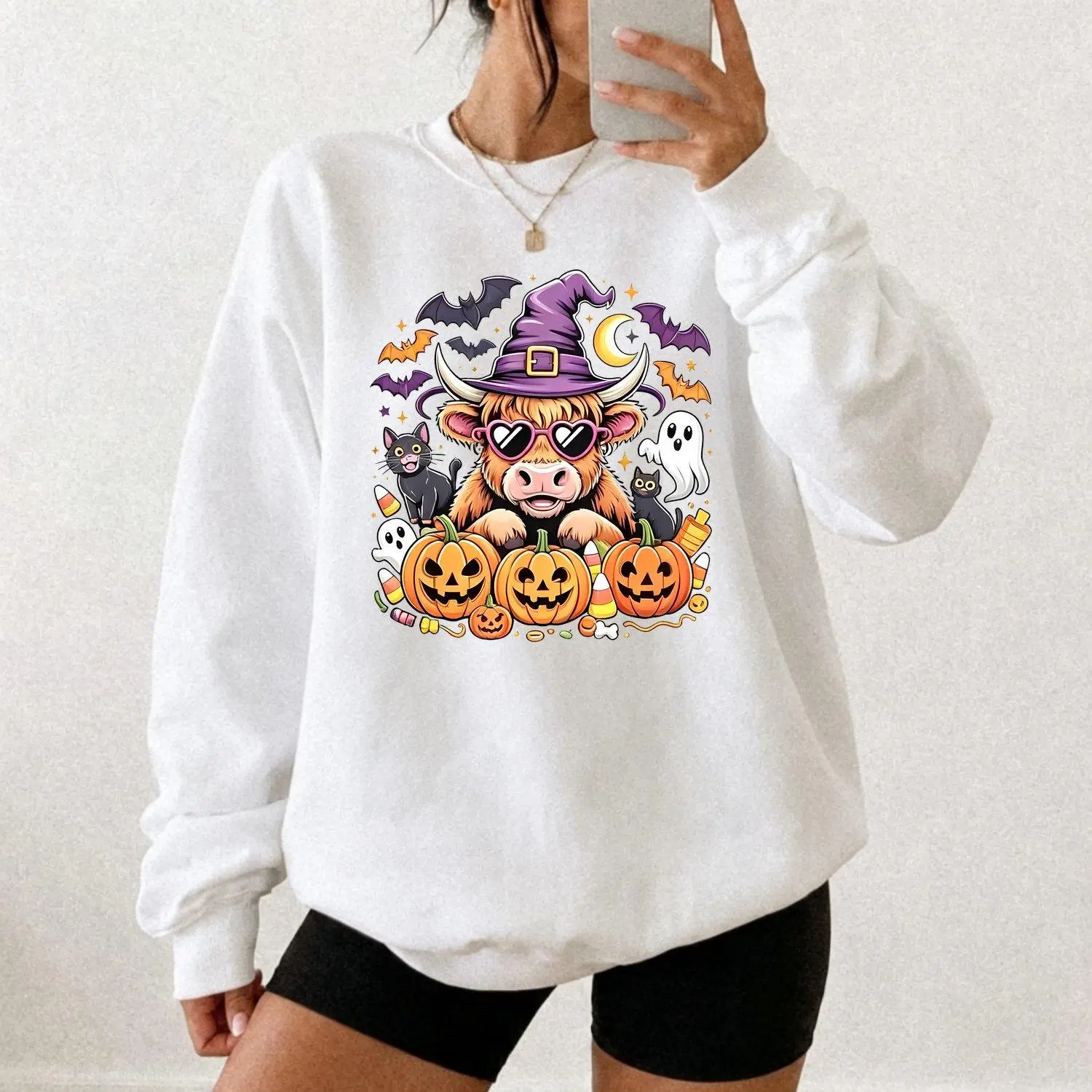 Women Sports Sweatshirt Featuring Spooky Highland Cow Halloween Party Costume Design Comfortable Athletic Pullover Top