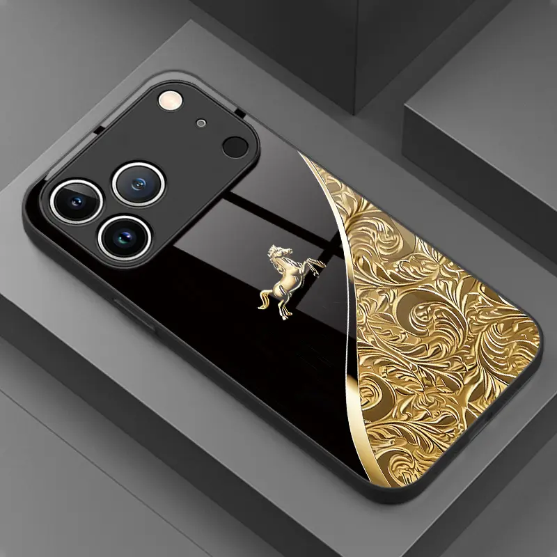 Phone Case: 1 Luxurious Golden-Patterned Galloping Horse Design HD Glass Phone Case for iPhone 17/17Pro/17ProMax/17Air/16/16Pro/16ProMax/16Plus/16e/15/15Pro/15ProMax/14/14Pro/13/13Pro/12/12Pro/12ProMax/11/11Pro, Stylish Protective Case