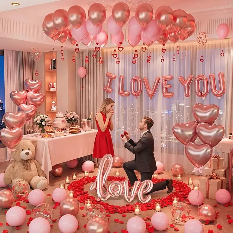 Valentines Day Decorations, I Love You Balloons with Red Silk Rose Petals Flower Romantic Decorations, Rose Gold Pink Heart Balloons Kit for Anniversary Mothers Day Wedding Valentine’s Day Decorations