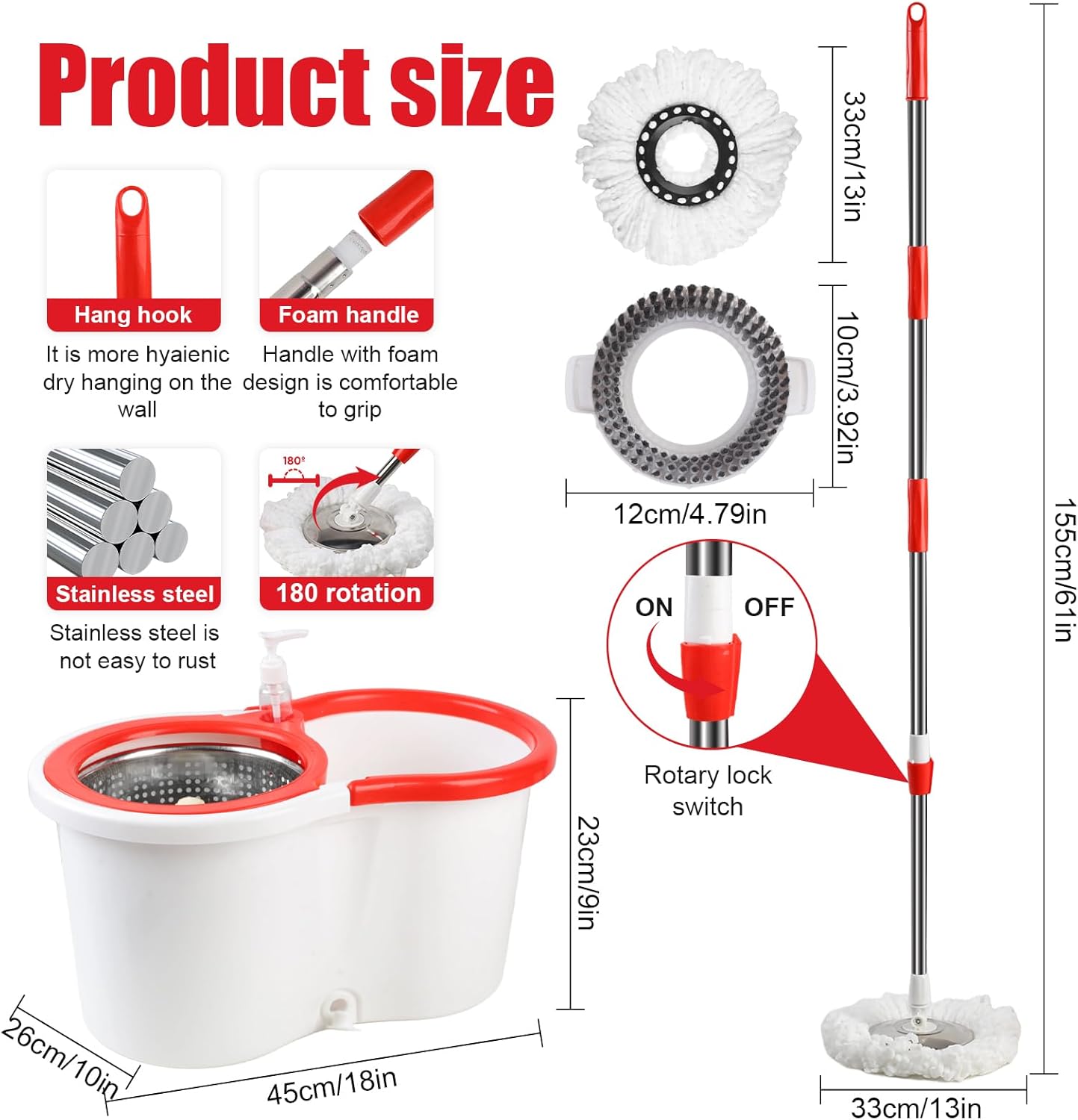 Spin Mop Bucket System with Replacment Brush & 6 Microfiber Refills Self Wash Mop Bucket for Efficient Cleaning Household Tools Christmas Gifts