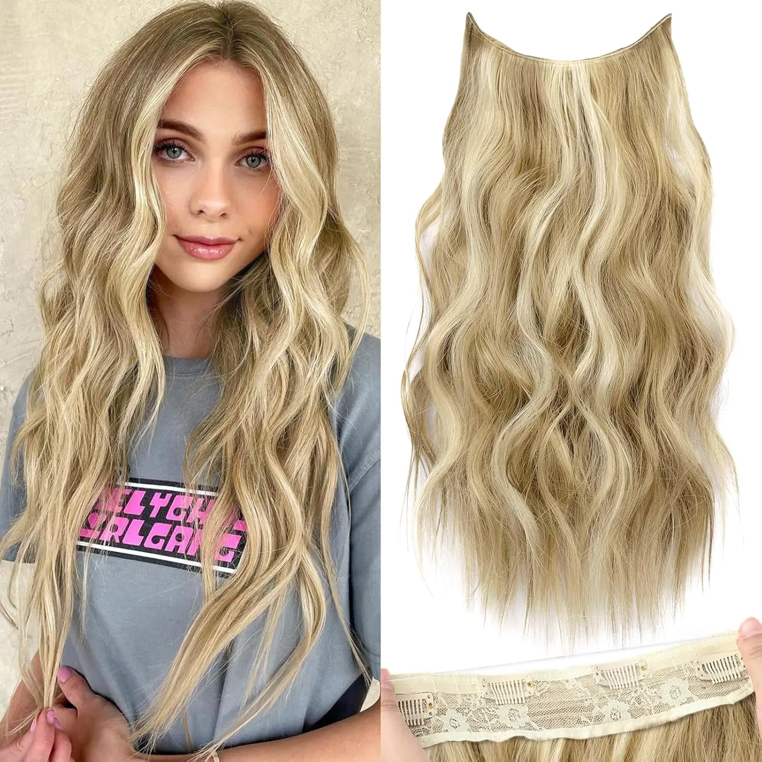 AISI HAIR New 16/20 inch Wavy Invisible Wire Hair Extensions with Transparent Wire Hairpieces for Women halo hair Synthetic Extension Highlight Blonde Wavy