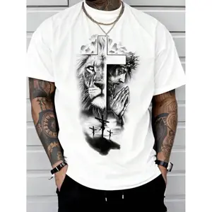 Men's Lion and Jesus Print Round Neck Tee with Regular Fit Casual Short Sleeve Crew Neck Design for Summer Daily Wear Fashion Tropical Shirts for Men