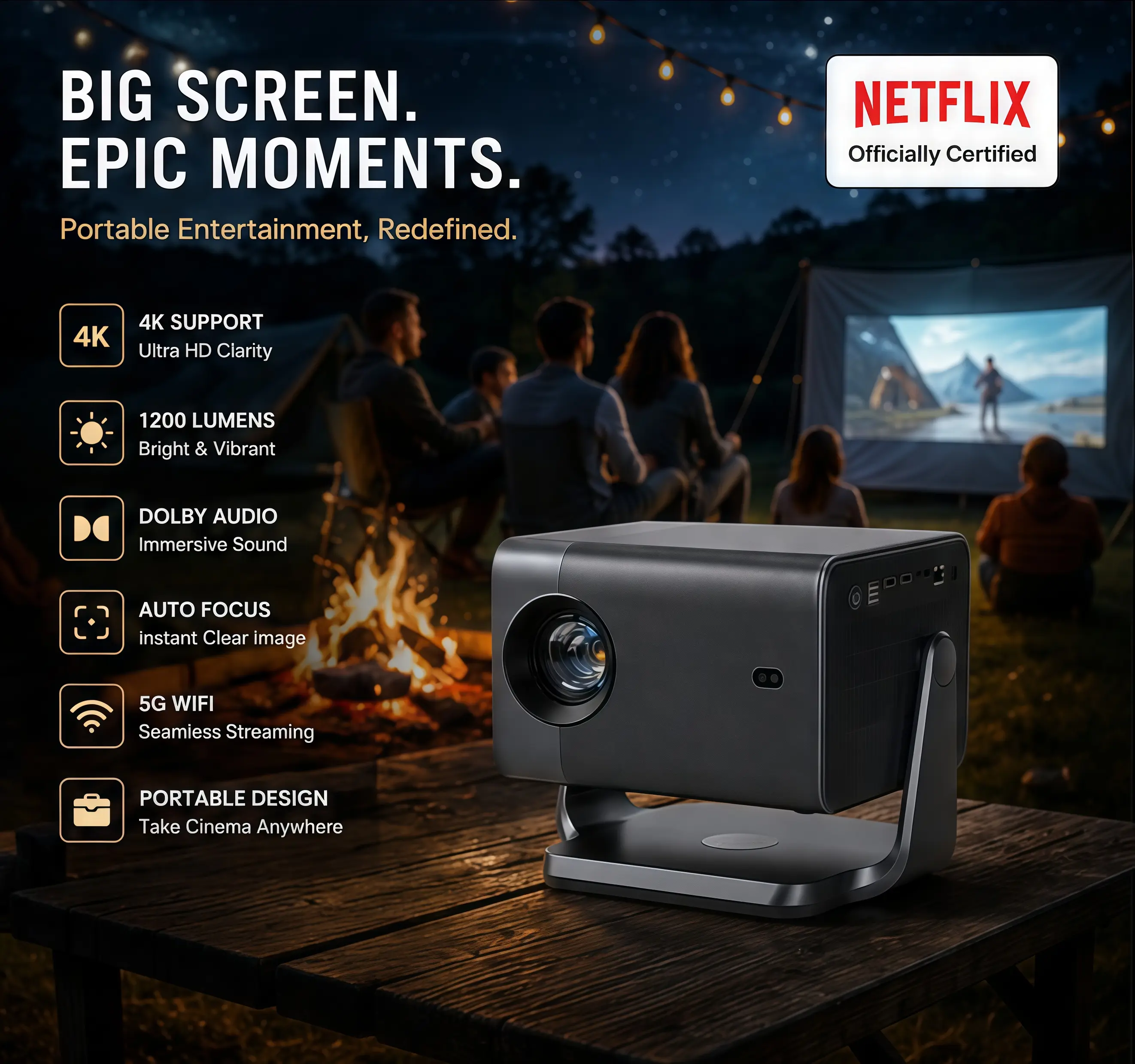 VOPLLS Netflix Officially Certified Projector with 4K Support, 1200 Lumens, Dolby Audio, Auto Focus & WiFi，Portable Outdoor Projector, Movie Home Theater Projectors for Bedroom/Ceiling