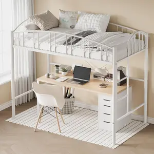 Twin Loft Bed – Heavy Duty Metal Frame with Arched Guardrail and Safety Ladder  Space-Saving White