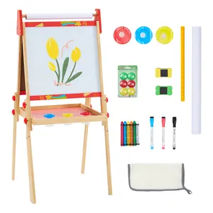 Kids Art Easel for 3+ Years Old, Adjustable Wooden Double-Sided Magnetic Chalkboard & Whiteboard with Paper Roll Holder, Toddler Drawing Easel Gift for Boys & Girls