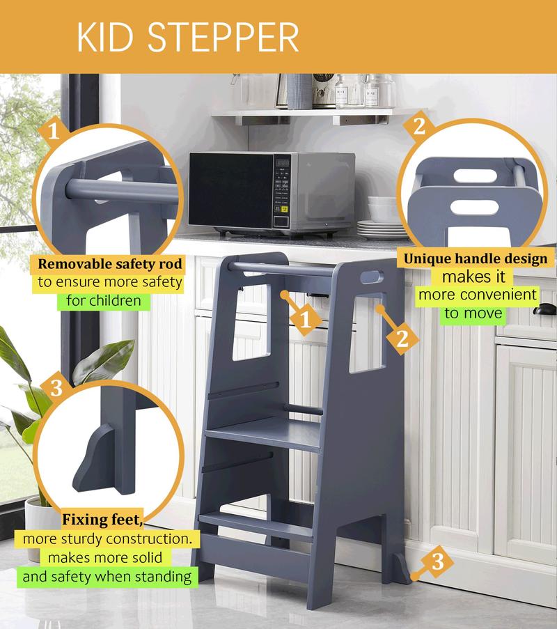 Wooden Kitchen Step Stool for Kids with Adjustable Footrest