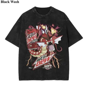 Vintage Red Gyarados x Red Soda Wash Tee, Pocket Monster x Energy Soda Graphic Tees, Pocket Monster T-Shirt, Unisex Anime Shirt, PKM Gift, Gym Workout Shirt, Menswear Womenswear Streetwear Top Fit Oversize