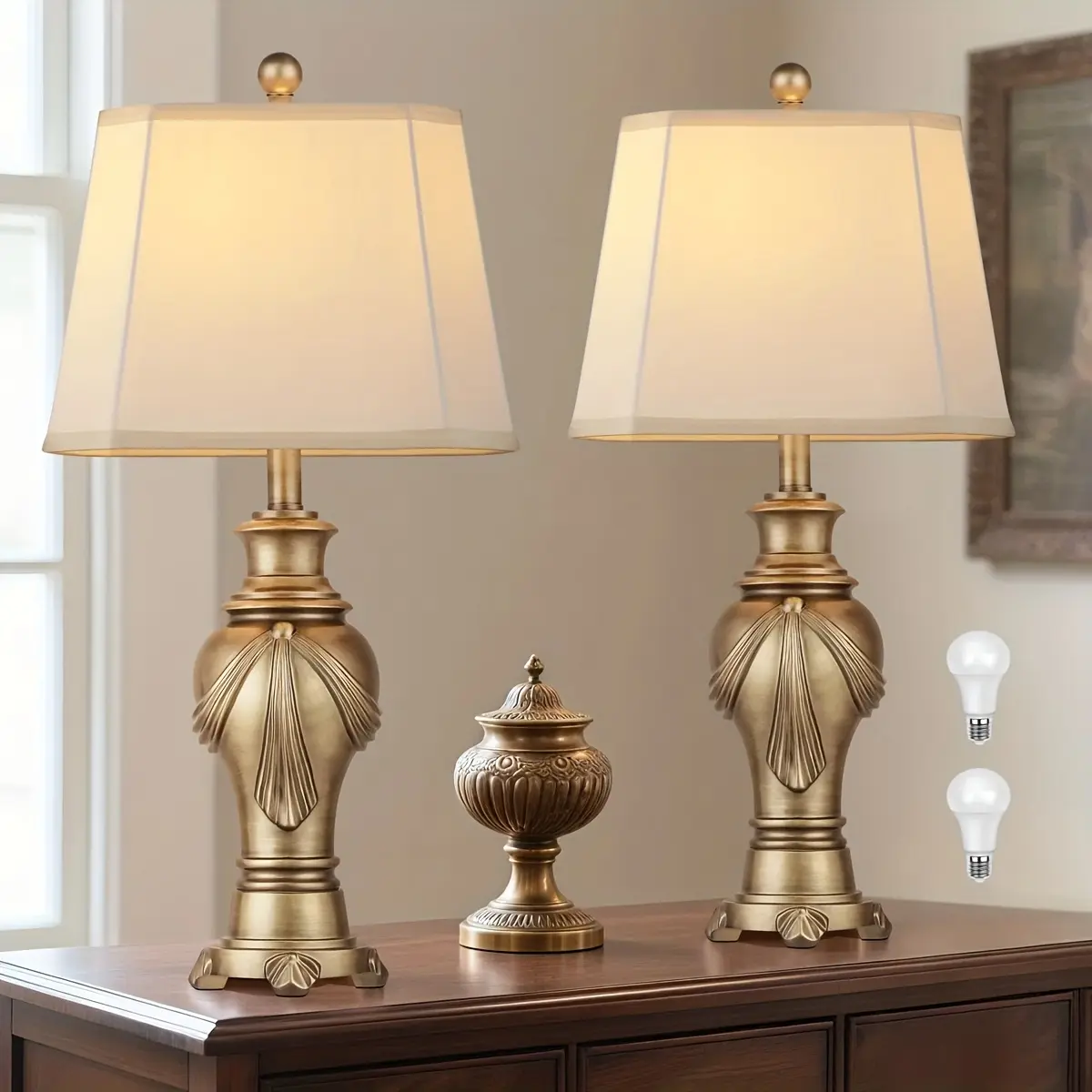 26.5'' Set Of Two Rustic Vintage Nightstand Lamp Bronze Resin Lamps For Bedroom End Table