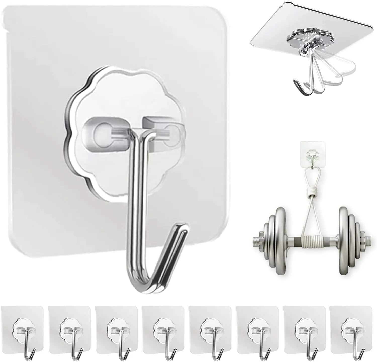 10 Pack Adhesive Wall Hooks for Hanging Heavy Duty 50 lbs Large Hooks for Walls No Damage, Towel Sticky Clear Hook, Waterproof, Home, Bathroom, Kitchen, Office, and Outdoor