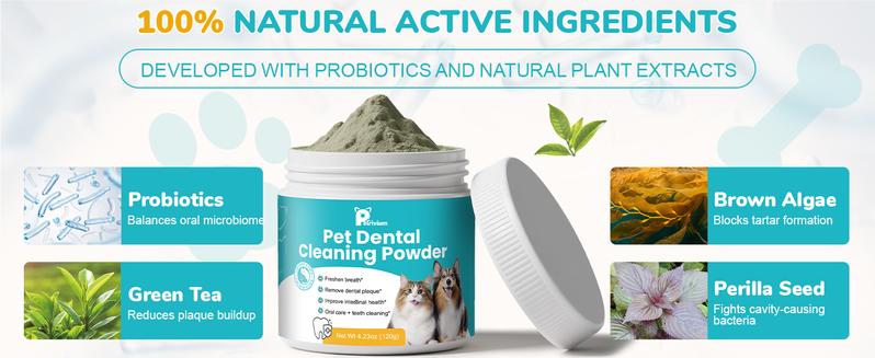 2 Pack-Large Jar 120g Dog Teeth Cleaning Powder，60 Servings Pet Dental Cleaning Powder for Dogs & Cats – Removes Tartar & Stains, Freshens Breath, Natural Oral Care Toothpaste Alternative，Plaque Tartar Remover with Postbiotic