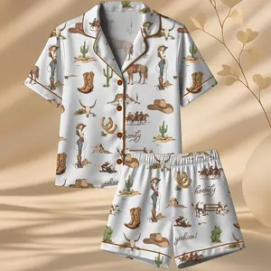 Cute Rustic Americana Western Satin Pajama Sets for Women, Vintage Cowboy Short Sleeve Top & Shorts, Comfortable Summer Sleepwear Set, Loungewear Pajamas