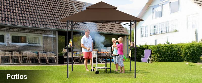 GVDV 8x5FT Grill Gazebo - Outdoor BBQ Canopy Shelter with 2 Side Shelves & Double-Tiered Top for Patio Backyard Grilling, Brown GVDV 8x5FT Grill Gazebo - Outdoor BBQ Canopy Shelter with 2 Side Shelves & Double-Tiered Top for Patio Backyard Grilling, Brown