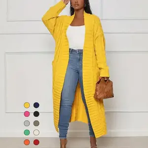 Women's Solid Color Textured Drop Shoulder Pocket Longline Cardigan, Casual Open Front Long Sleeve Knitwear for Fall & Winter, Women's Knit Clothing for Daily Wear, Lady Baggy Cardigans for Women, Womenswear, Casual Knit Top