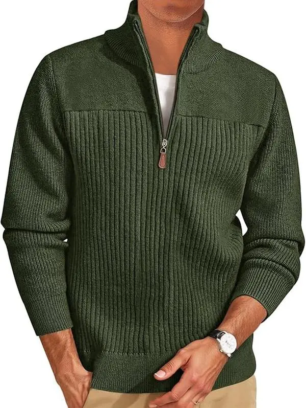 Runcati Mens Quarter Zip Sweater Mock Neck Pullover Ribbed Knit Casual Lightweight Polo Sweaters