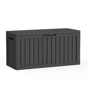 Outdoor Storage Box 80 Gallon Resin Waterproof Deck Box Delivery Box with Wood Texture Large Storage Bin for Patio Cushions, Black,summervibes