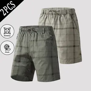 2-Pack Plaid Breathable Comfortable Knee-Length Casual Sports Shorts for Everyday Wear Menswear Stretchy Plush - Man