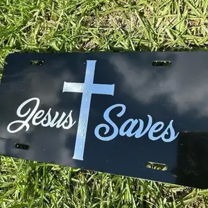 Jesus Saves Black White License Plate – Christian Car, Truck Tag or Wall Sign, Accessories, Vanity Plate, Gift – Lightweight Aluminum, Easy Installation