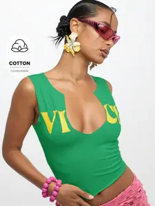 [CONVERTIBLE] Sleeveless V Neck Crop Tank Fitted Notched Neckline Summer Festival Statement Graphics Club Party Casual Street Style Fashion Top