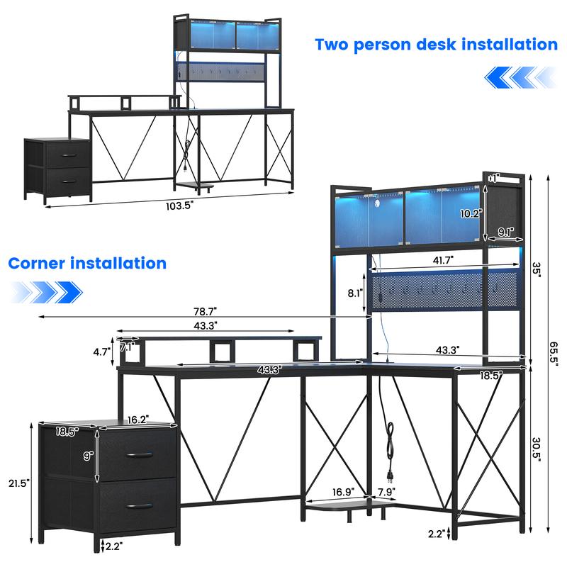 Kepptory L Shaped Gaming Desk, Home Office Computer Desk with Raised Display Stand, 2 Drawers and Glass Cabinets with LED Lights, Corner Desk with Storage Shelves, Power Outlet, Black