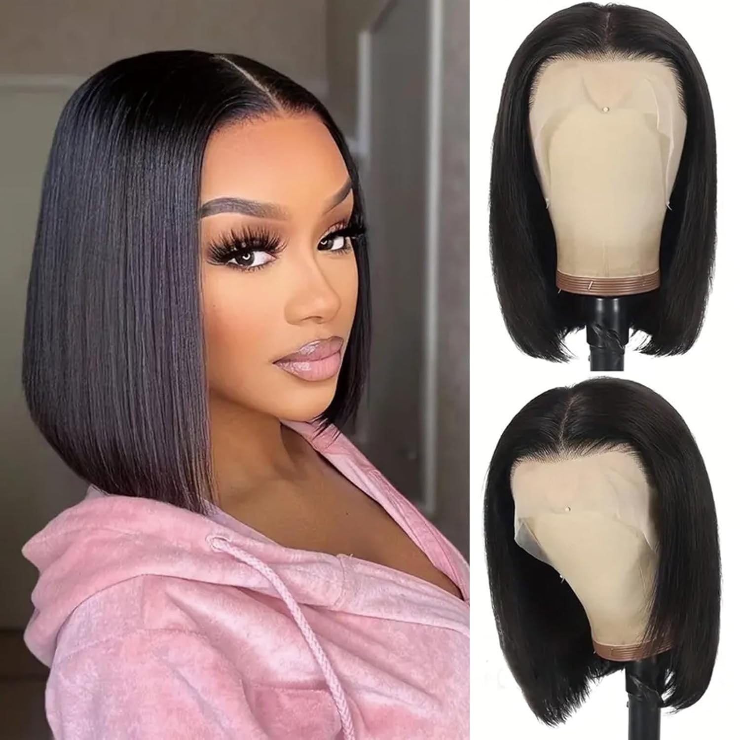 Bob Wig Human Hair Glueless Wigs Human Hair 13x4 HD Lace Front Wigs Pre Plucked Pre Cut 180% Density Short Straight Bob Wigs for Black Women 8 Inch