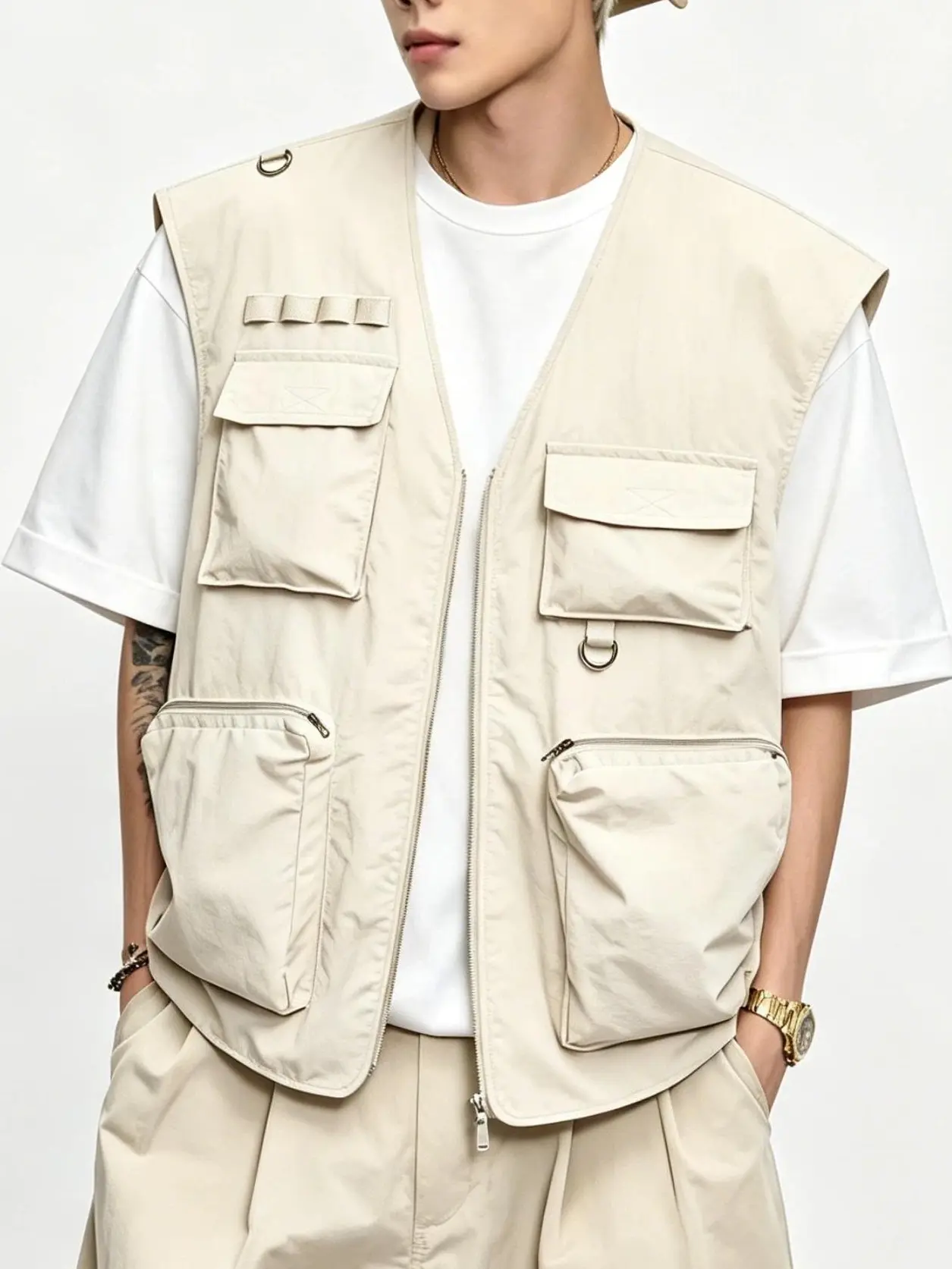 Men's Lightweight Tactical Waistcoat - Casual Polyester Slim-Fit Sleeveless Outerwear with Multi-Pockets, Zip-Up Closure for Outdoor, Streetwear Menswear Tops