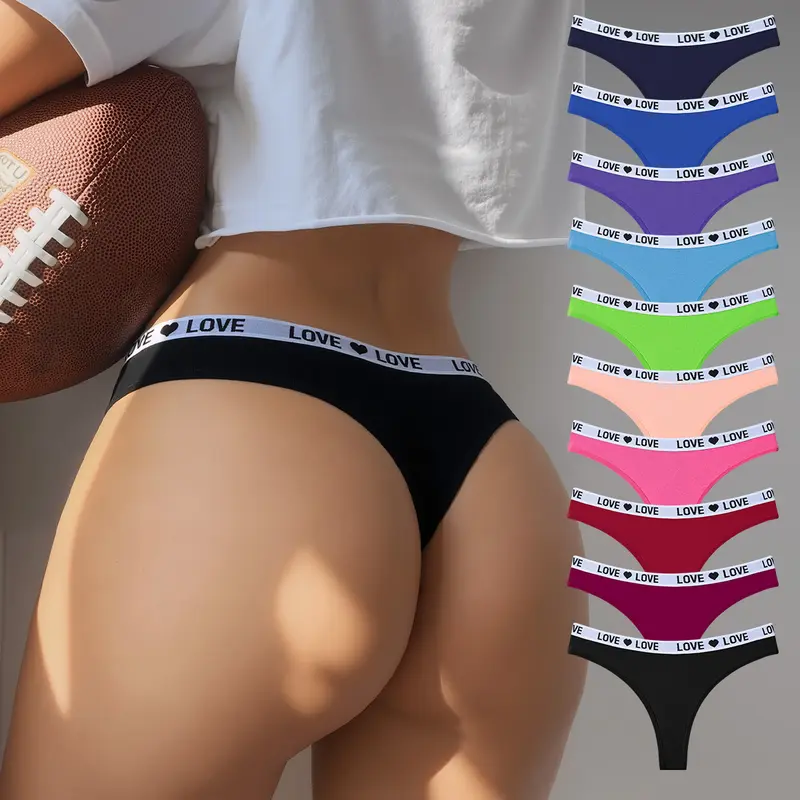 Hotcom Women's 10-Pack Soft Cotton Blend Novelty Thongs - Sexy Letter Print, Gentle Everyday Fit, Breathable Underwear for Activewear, Sizes XS-XXL