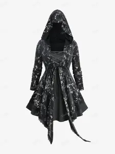 Rgothic Plus Size women's clothes Rose Flower Print Lace Up Layered Asymmetric Hooded Long Sleeves Top for Women Casual Daily Wear