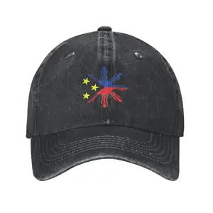 Tribal Philippines Filipino Sun and Stars Unisex Washed Denim Distressed Baseball casquette Cap Vintage Adjustable Dad Hat Black Breathable Sports Caps