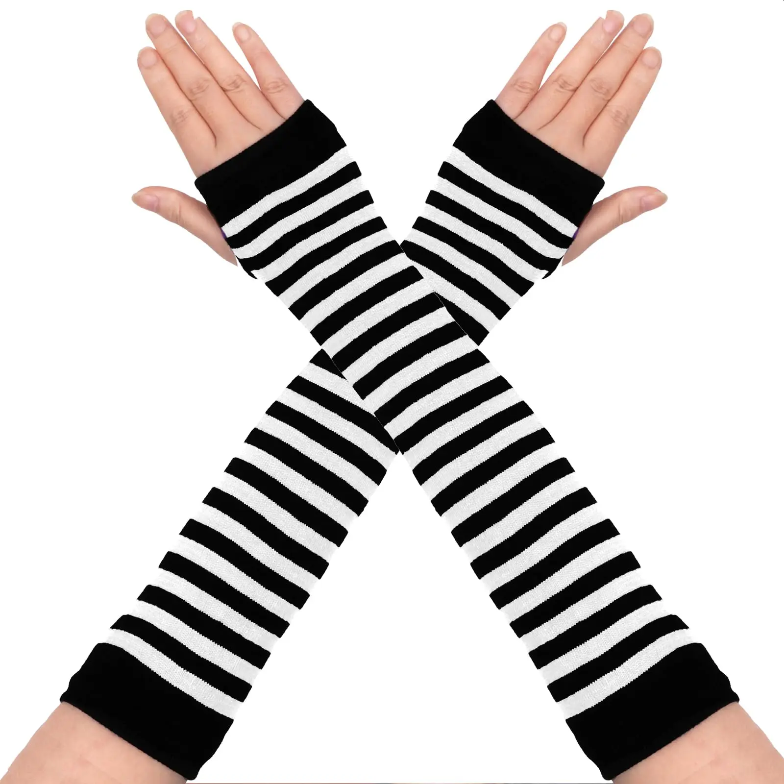 BIGWIG Women's Striped Knitted Cotton Fingerless Elbow-Length Gloves - 1 Pair, Punk Gothic, Durable, Breathable, Elastic, Hand Washable, Machine Safe, Sun Protection, Emo Accessory, Everyday Wear, Ideal Gift for Females, Arm Sleeve Fashion Accessory, Fing