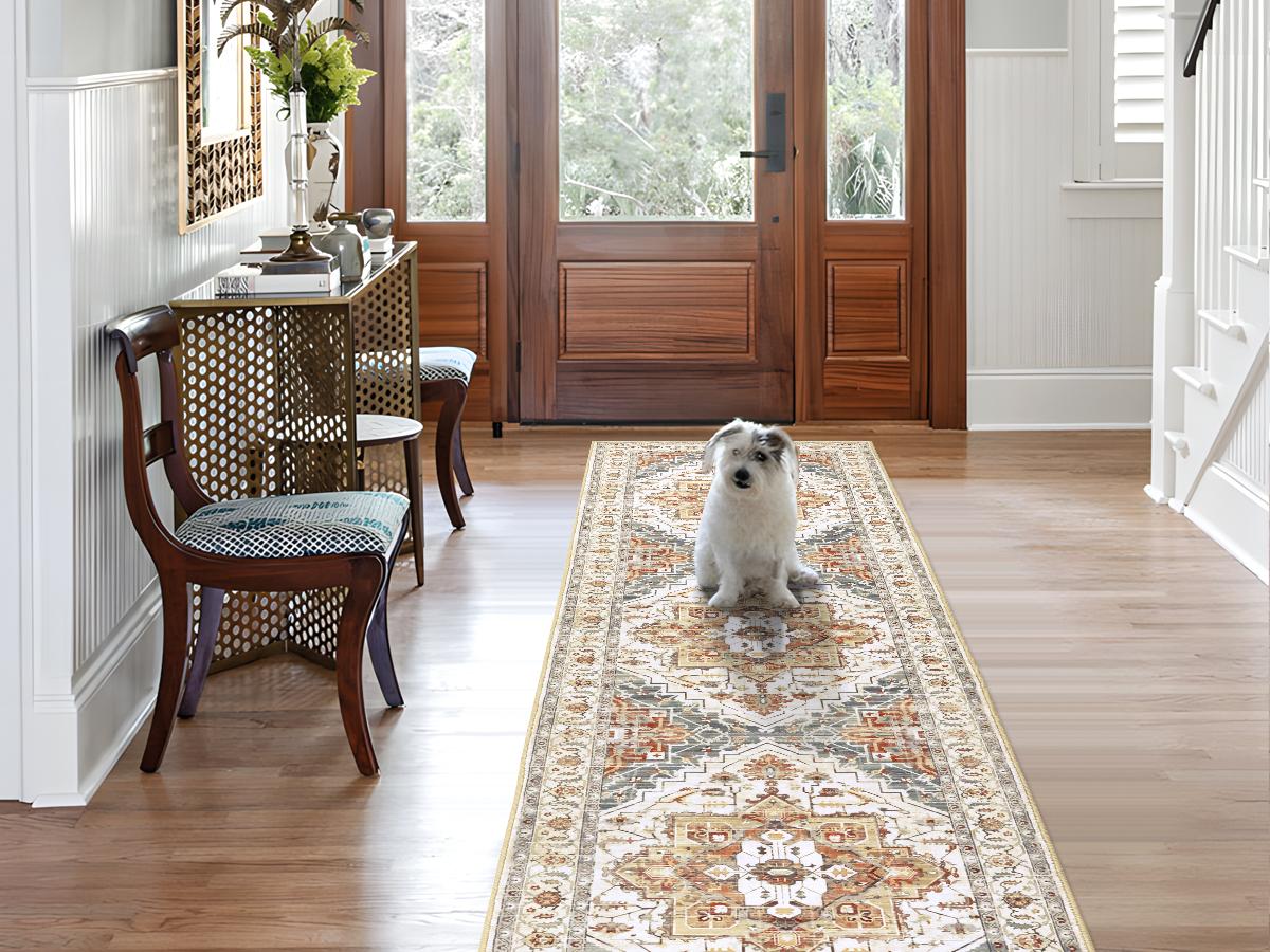 LOKHOM Vintage Non-Slip Floor Runner Rug Soft Farmhouse Medallion Rug Washable Easy to Clean Rugs for Hallway Kitchen Bedroom Entryway Laundry Room 0.4-inch Thick Premium Faux Wool Ultra Soft Resilient Against Wear and Tear Stain-Resistant