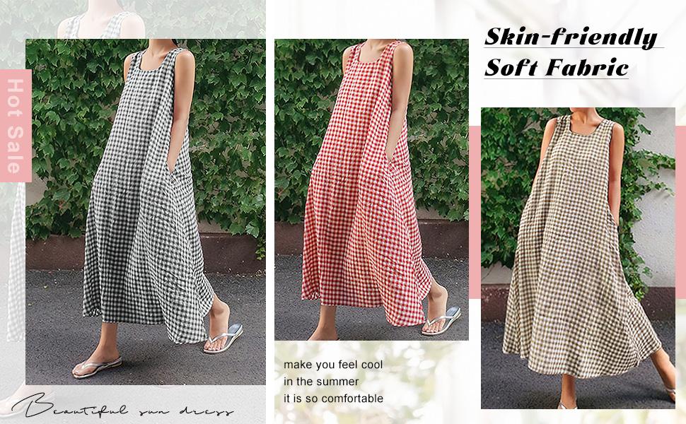 Chouyatou Women's Summer Sleeveless Spaghetti Strap Plaid Cotton Long Dress, Bohemian Style Casual Loose U-Neck Beach Dress with Pockets SpringStatements
