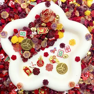 Auspicous Red- Soft Resin Nail Art Charms with Metal Pendants – Drillable Floral Resin Decorations for Jewelry Making & DIY Crafts
