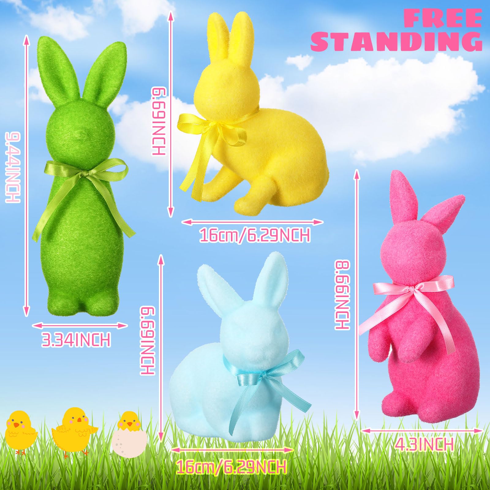 Pastel Flocked Easter Bunny Figurines - 7/6/4 Pcs Cute Velvet Rabbit Statues Set with Bow Ties, Adorable Easter Decor 2026 Bunny in Multiple Sizes & Poses for Tiered Tray Decor Spring Table Centerpiece Shelf Mantel Display Home Party Gifts Basket Stuffers