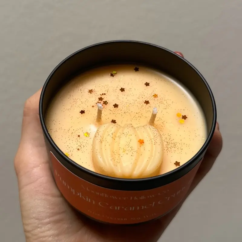 Pumpkin Caramel Crunch Candle, Coconut-Soy Wax, 6oz. Tin, wooden wick, decorated Autumn