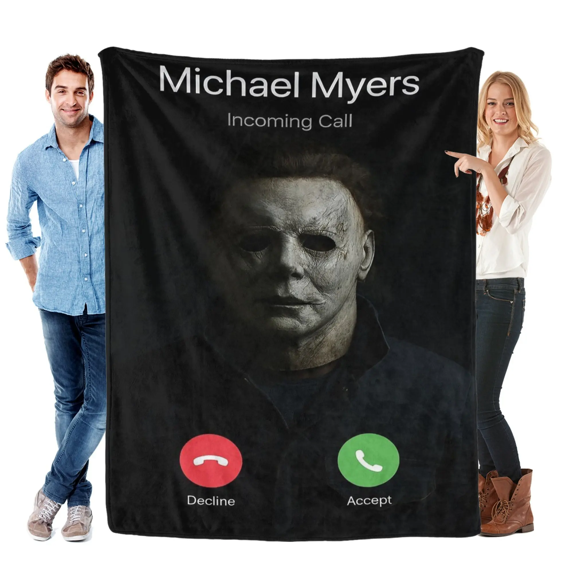 Funny Michael Myers Incoming Call Flannel Fleece Throw Blanket, Halloween Horror Movie Killer Phone Screen Graphic Soft Lightweight Plush Blanket, Warm Cozy Sofa Bed Cover Novelty Gift for Horror Film Fans Men Women Halloween Room Decor