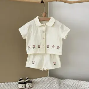 2 Pcs Set Baby Clothing Pure Cotton Exquisite Flower Embroidered Polo Short Sleeves + Breathable Loose Shorts Beige Baby Sweet Suit Newborn Set Casual Summer Set Outfit Essentials Set