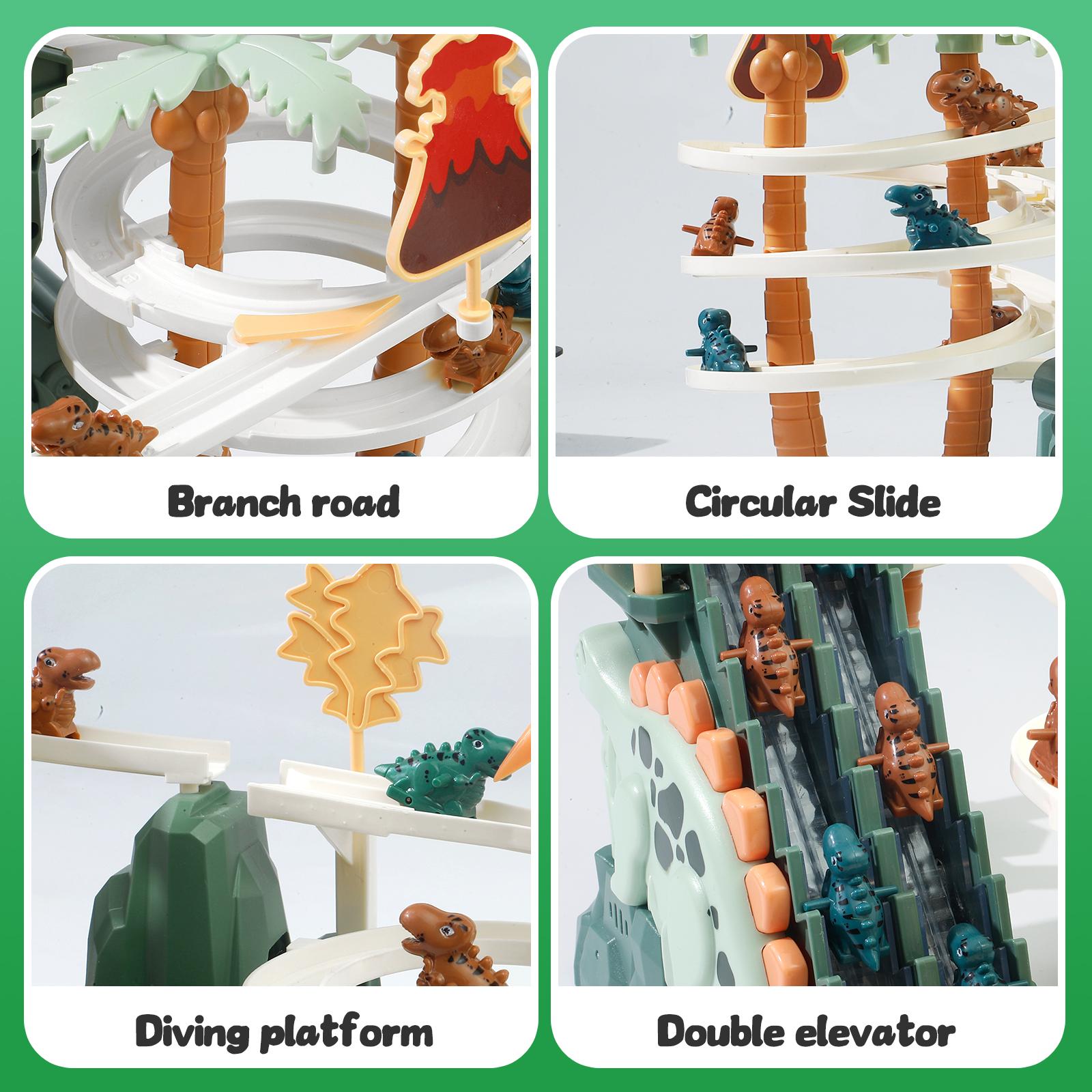 Dinosaur Chasing Race Track with Double Loop, 5 Mini Dinosaur Cars, Climbing Slide Toy with Lights & Music, Fun Stair Climbing Toy for Kids