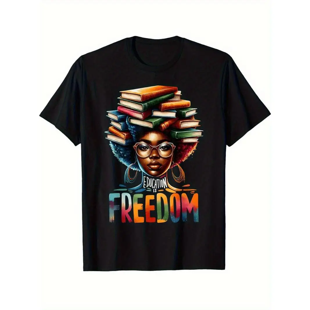 Summer t Shirts Men's Black History Month Cotton T-Shirt - Education Is Freedom Design with Books & Dreadlocks Graphic