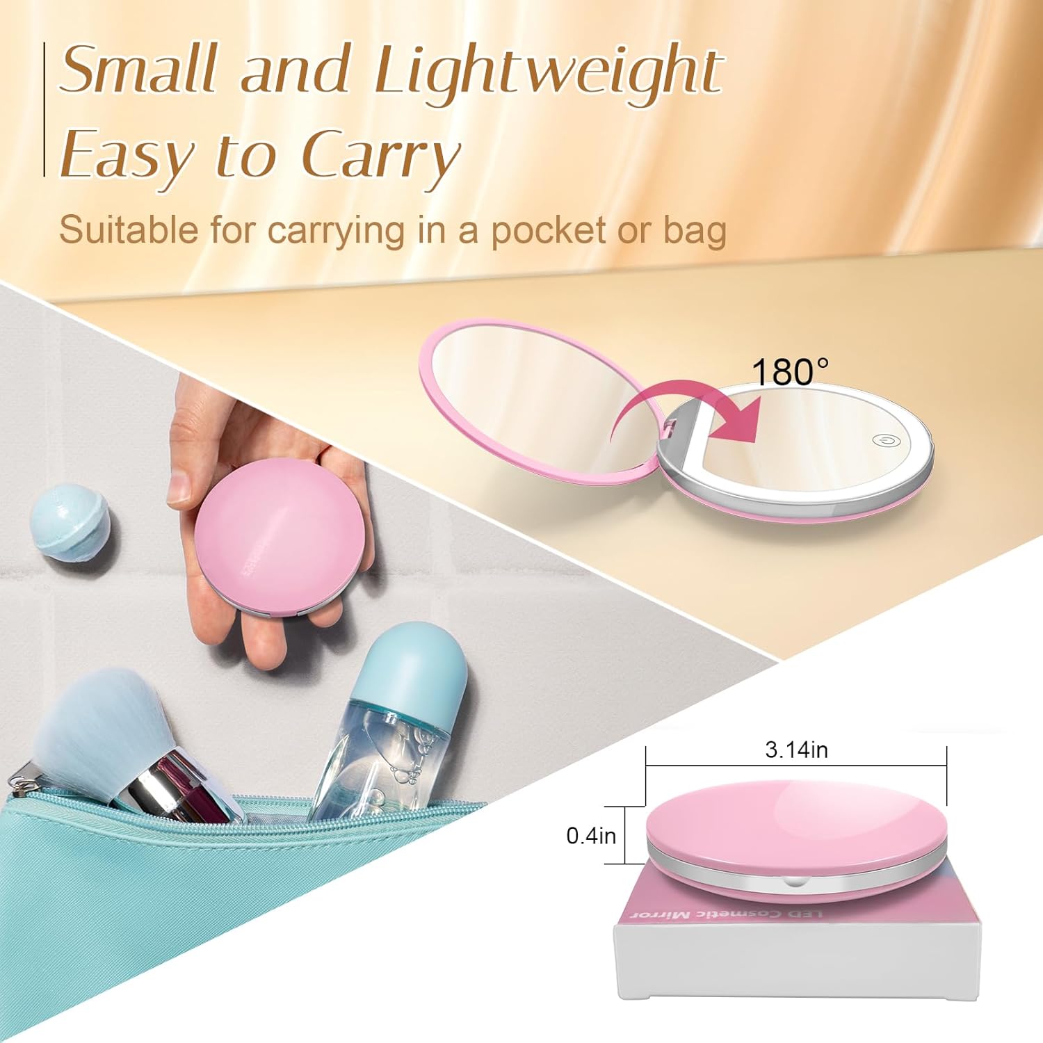 Mini Portable LED Light Makeup Mirror, Travel Foldable Rechargeable Mirror with LED Light, Compact Mirror for Women, Pocket Size Makeup Tools, 1 Count Glam Travel Hand Mirror