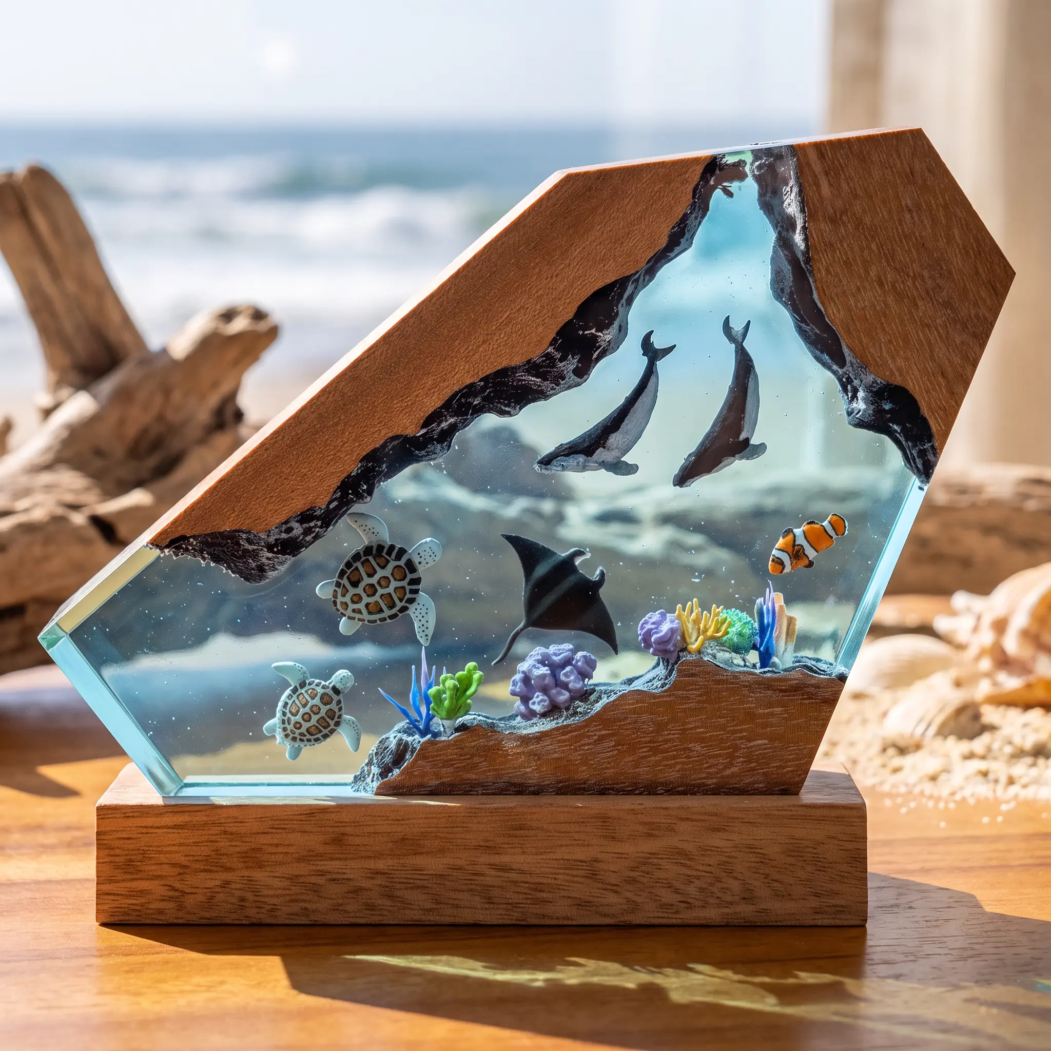 Handcrafted Epoxy Resin Wood Ocean Night Light Sea Turtle Manta Ray Table Lamp Marine Life Underwater Scene Desktop Ornament Aesthetic Room Decor Unique Gift