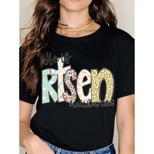 Casual White Women's T Shirt Featuring He Is Risen Matthew 28 6 Biblical Message Perfect for Easter and Spring Summer Wear