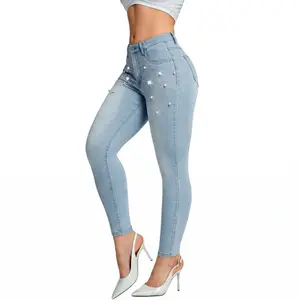 Pearl Jeans for Women Rhinestone Low Rise Skinny Jeans Embellished Ankle Stretchy Denim Pants