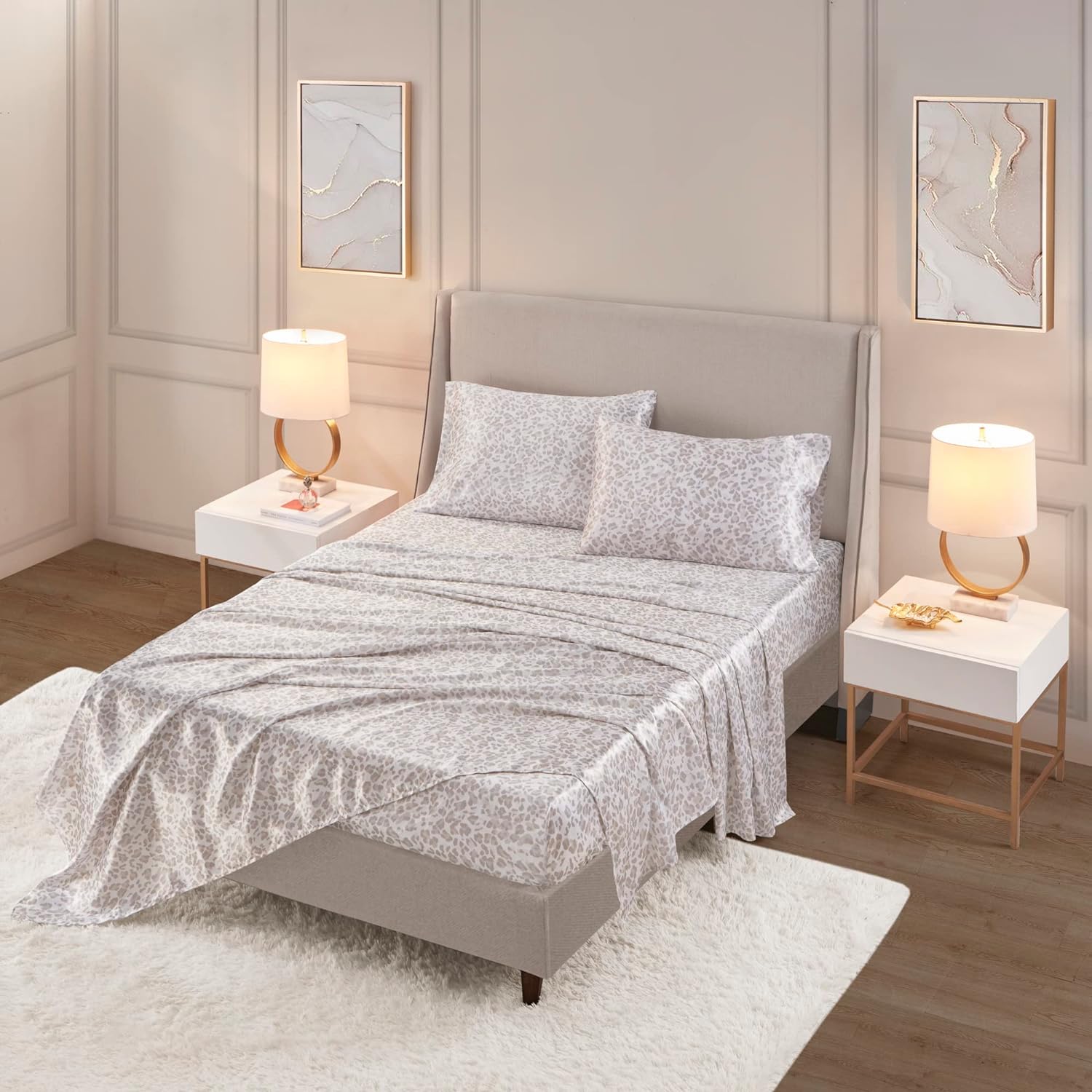 Madison Park 4 Piece Leopard Printed Satin Sheet Set (1*Flat Sheet + 1* Fitted Sheet + 2*Pillowcases), Luxury And Silky With Natural Sheen, Elastic 14" Pocket Fits Up To 16" Mattress, All Around Elastic - Year-Round Bedding