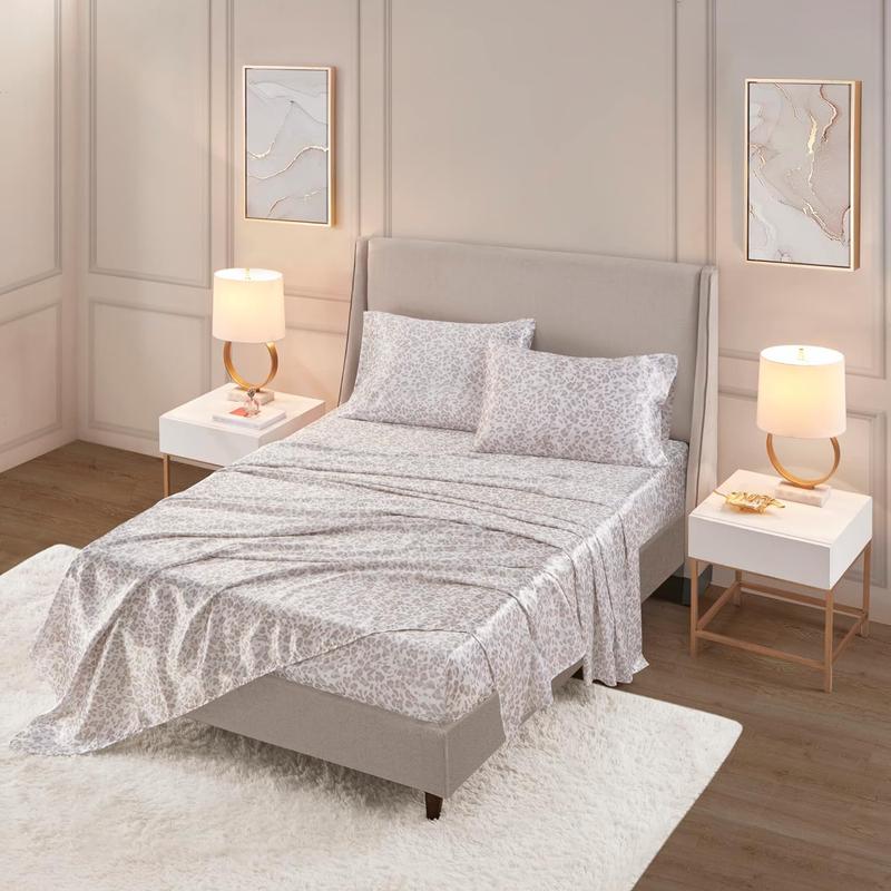 Madison Park 4 Piece Leopard Printed Satin Sheet Set (1*Flat Sheet + 1* Fitted Sheet + 2*Pillowcases), Luxury And Silky With Natural Sheen, Elastic 14" Pocket Fits Up To 16" Mattress, All Around Elastic - Year-Round Bedding