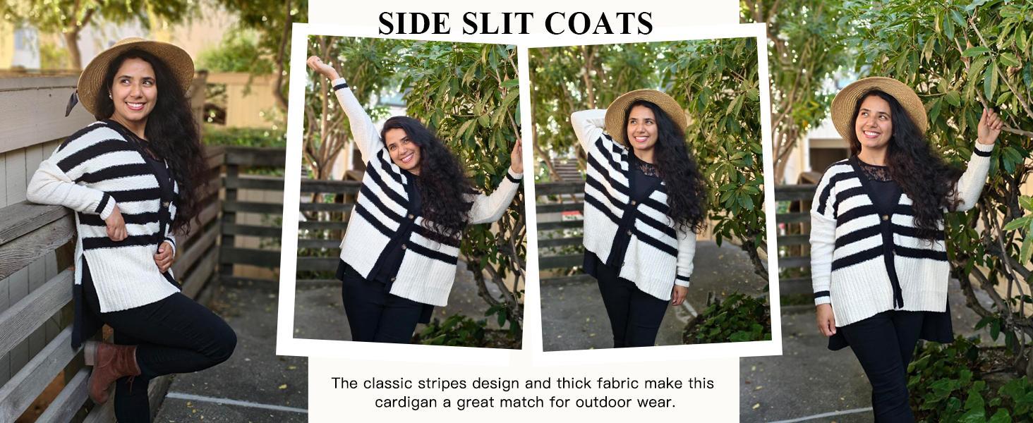 Imily Bela Womens Oversized Striped Cardigan Sweaters V Neck Fuzzy Knit Button Up Side Slit Fall Sweater Coats