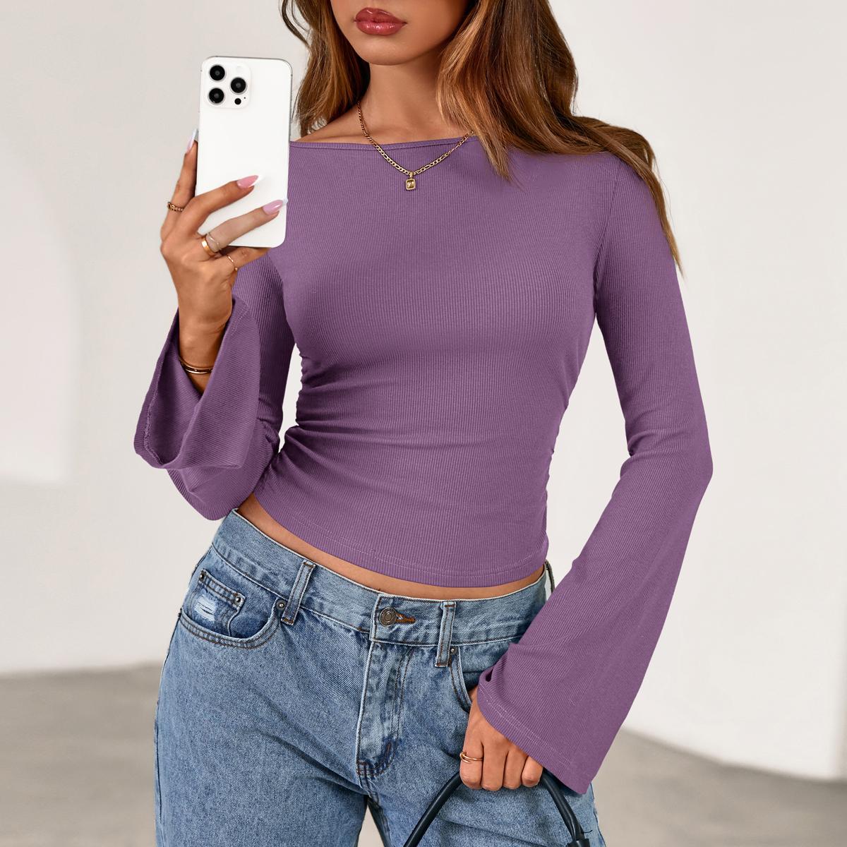 PrettyGarden Women's Long Sleeve Shirts 2025 Fall Crop Going Out Tops Casual Boat Neck Bell Sleeve Ribbed Ruched Y2K Clothes